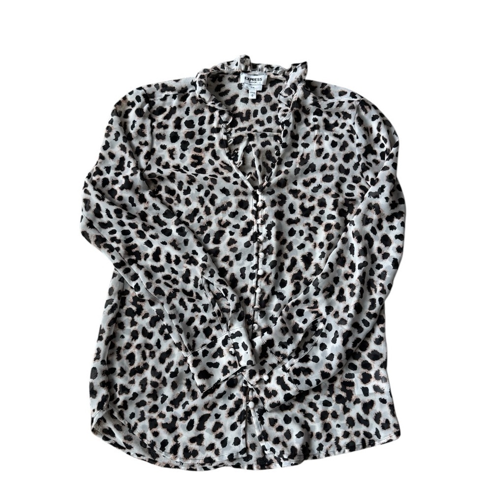 Express Blouse Ruffled Buttoned slim fit Leopard Print sheer shirt Size Medium